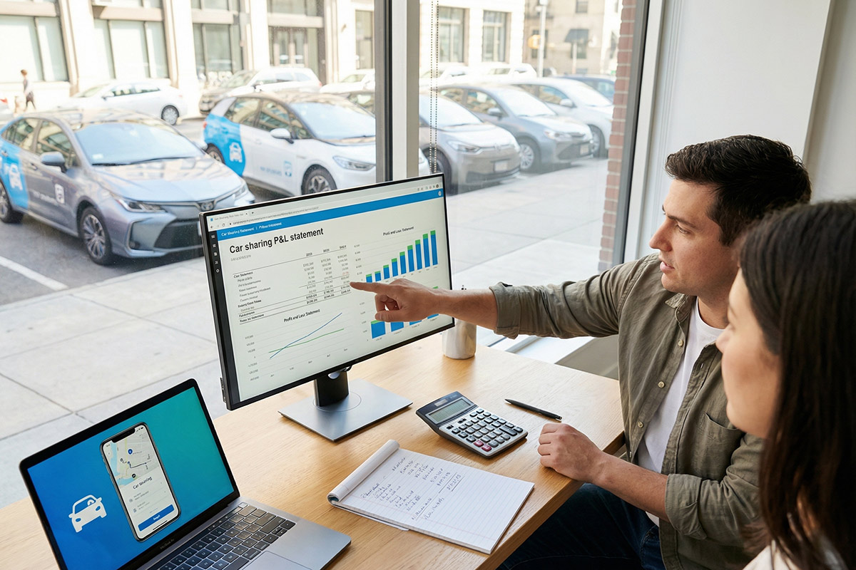 car sharing manager sitting in front of a P&L on a screen