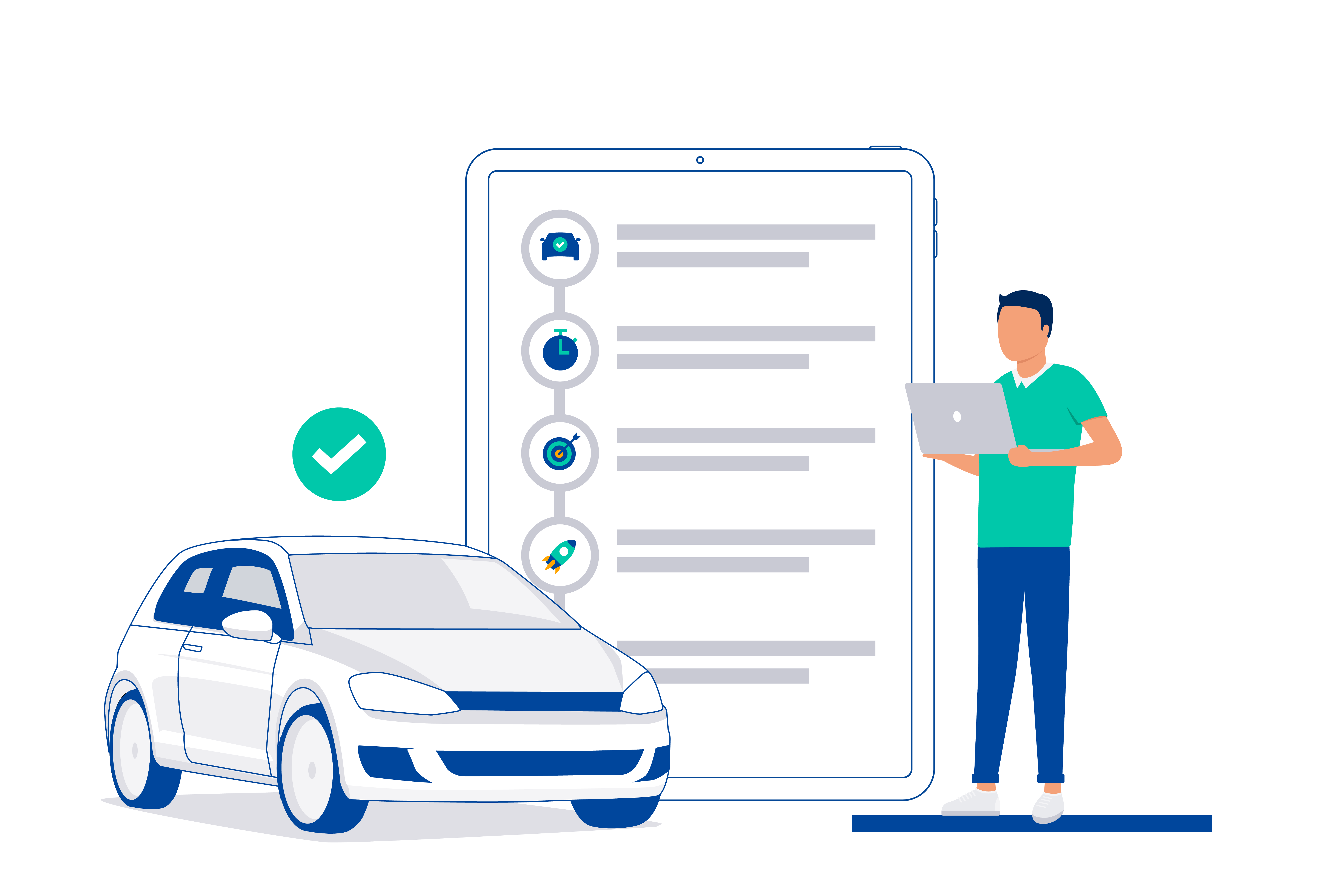 car, checklist, man with laptop